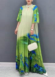 Elegant Green Turtleneck Print Tie Waist Maxi Dress Half Sleeve