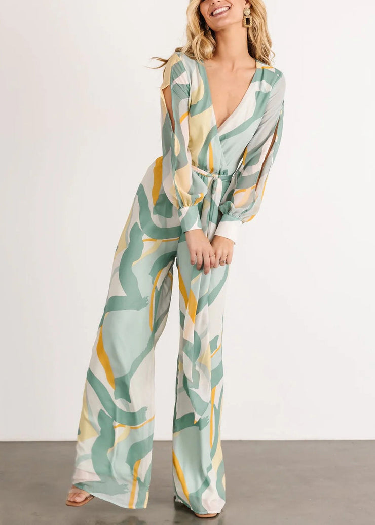 Elegant Green V Neck Print Chiffon Jumpsuit Long Sleeve