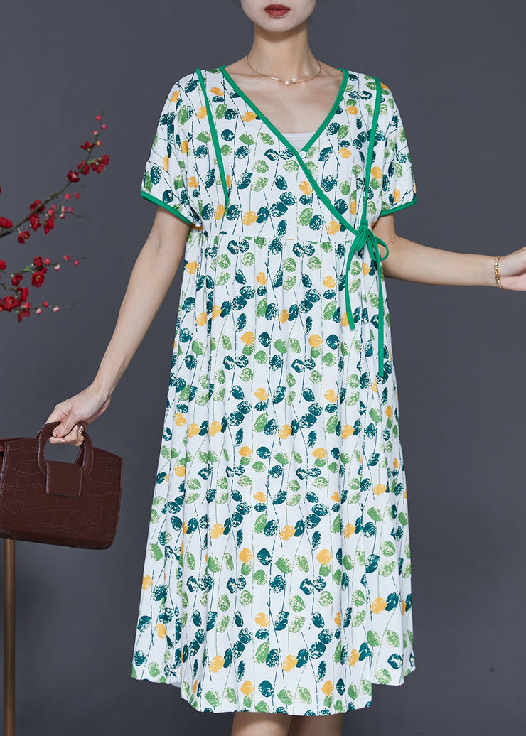 Elegant Green V Neck Print Cotton Dresses Summer