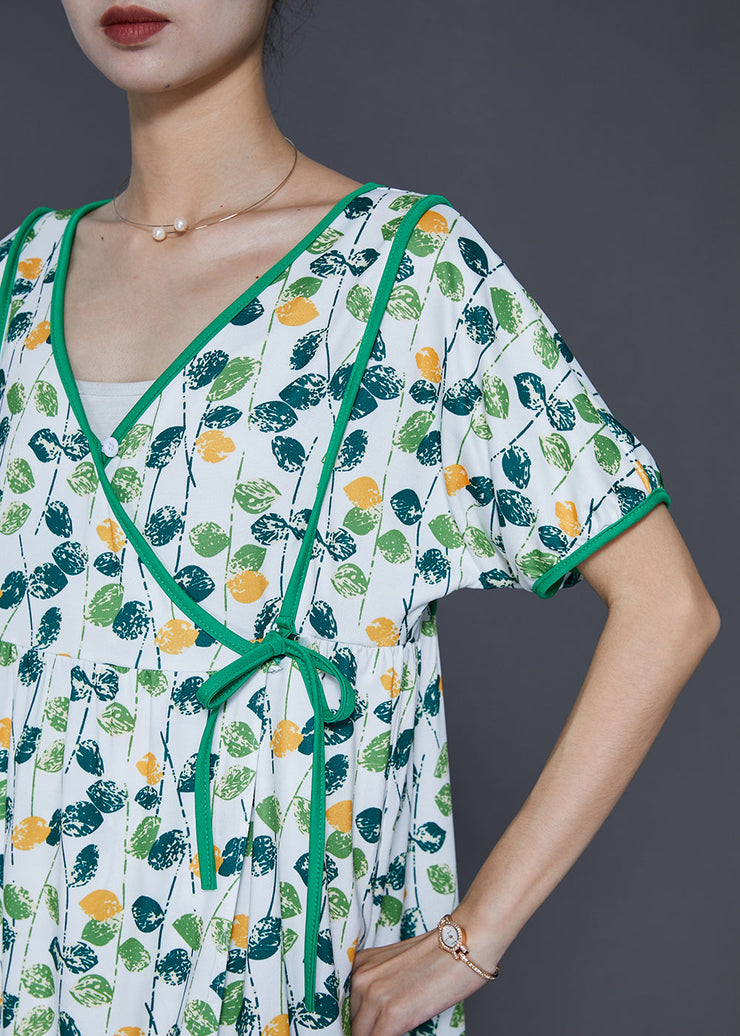 Elegant Green V Neck Print Cotton Dresses Summer