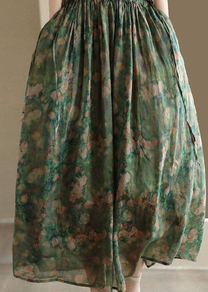 Elegant Green Wrinkled Pockets Patchwork Linen Skirts Summer