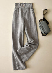 Elegant Grey-dot High Waist Button Linen Straigh Pants Summer