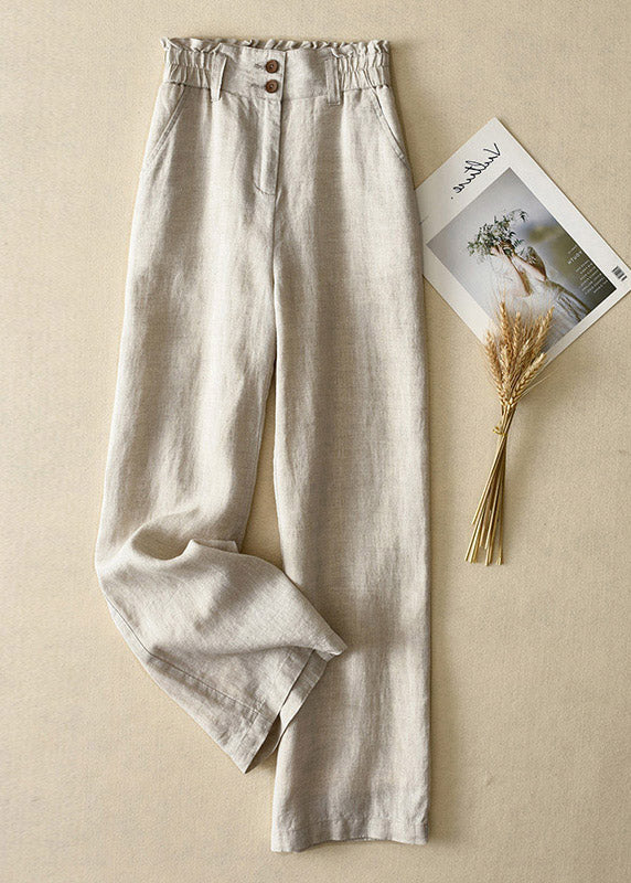 Elegant Yellow-cashew High Waist Button Linen Straigh Pants Summer