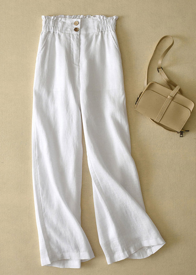 Elegant Yellow-cashew High Waist Button Linen Straigh Pants Summer