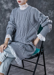 Elegant Grey Hollow Out Knit Ripped Sweater Dress Winter