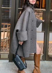 Elegant Grey O-Neck Button Woolen Coats Long Sleeve