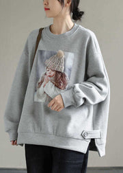 Elegant Grey Oversized Print Warm Fleece Sweatshirts Top Winter