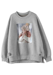 Elegant Grey Oversized Print Warm Fleece Sweatshirts Top Winter