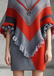 Elegant Grey Ruffled Patchwork Knitted Dress Batwing Sleeve