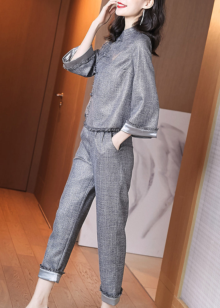 Elegant Grey Stand Collar Chinese Button Tops And Pants Cotton Two-Piece Set Spring