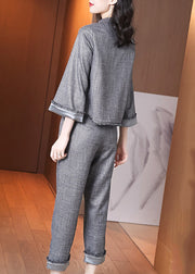 Elegant Grey Stand Collar Chinese Button Tops And Pants Cotton Two-Piece Set Spring