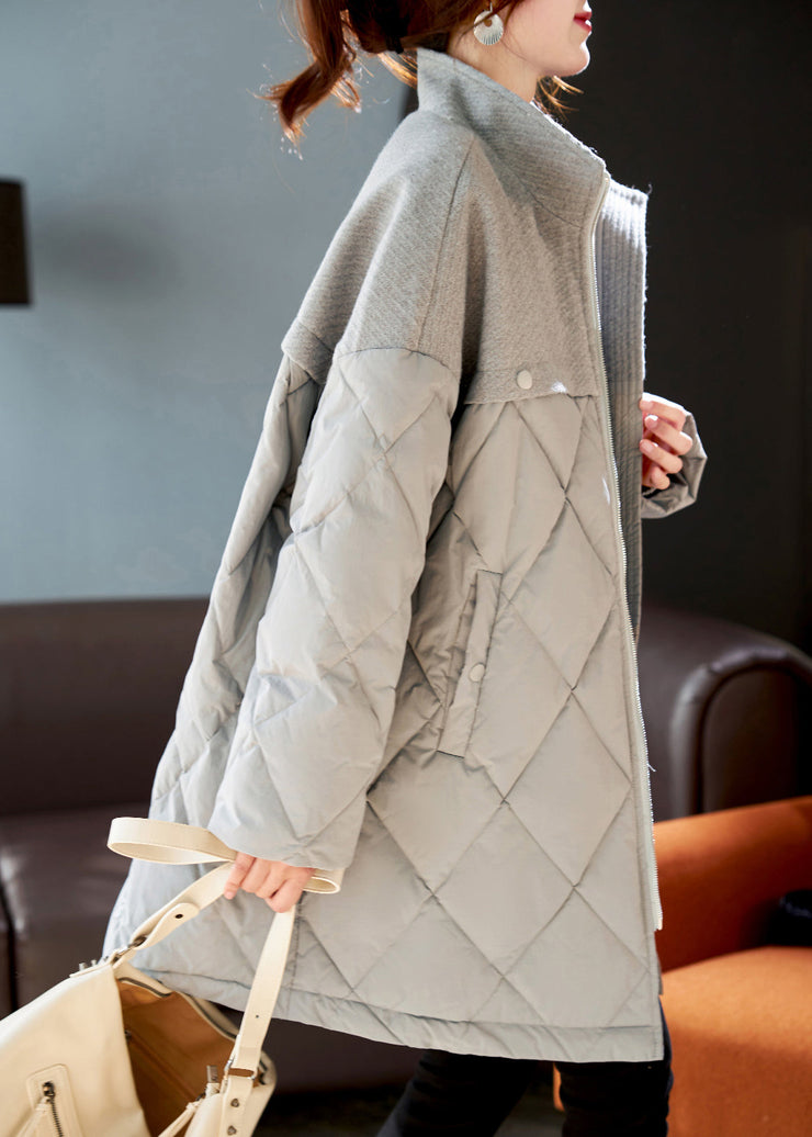 Elegant Grey Woolen Patchwork Duck Down Down Coat Winter