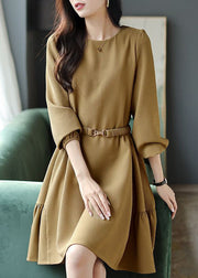 Elegant Khaki O Neck Sashes Cotton Mid Dress Long Sleeve