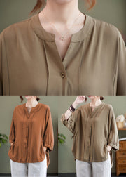 Elegant Khaki Oversized Drawstring Cotton Shirt Top Bracelet Sleeve