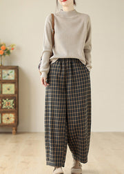 Elegant Khaki Oversized Plaid Warm Fleece Harem Pants Spring