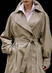 Elegant Khaki Peter Pan Collar Tie Waist Button Pockets Cotton Trench Coats Long Sleeve