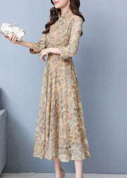 Elegant Khaki Print Exra Large Hem Lace Oriental Dresses Spring