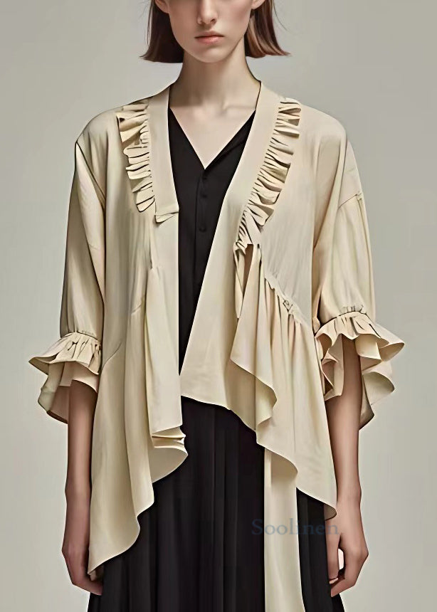 Elegant Khaki Ruffled Solid Cotton Cardigan Butterfly Sleeve