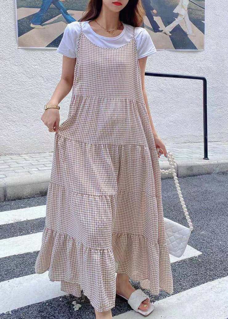 Elegant Khaki Slash Neck Plaid T Shirts And Long Dress Two Pieces Set Summer