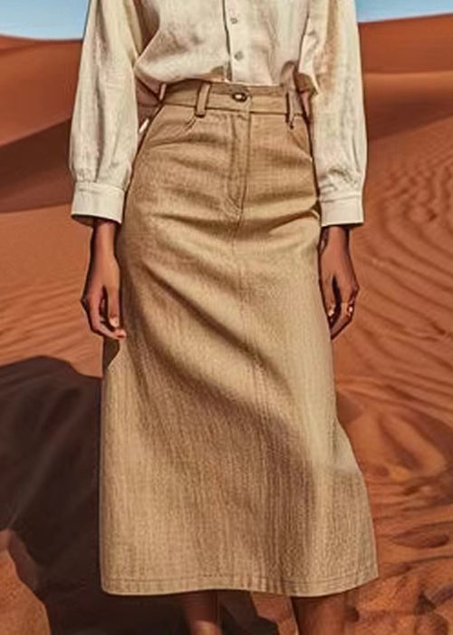 Elegant Khaki Solid High Waist Linen A Line Skirts Summer