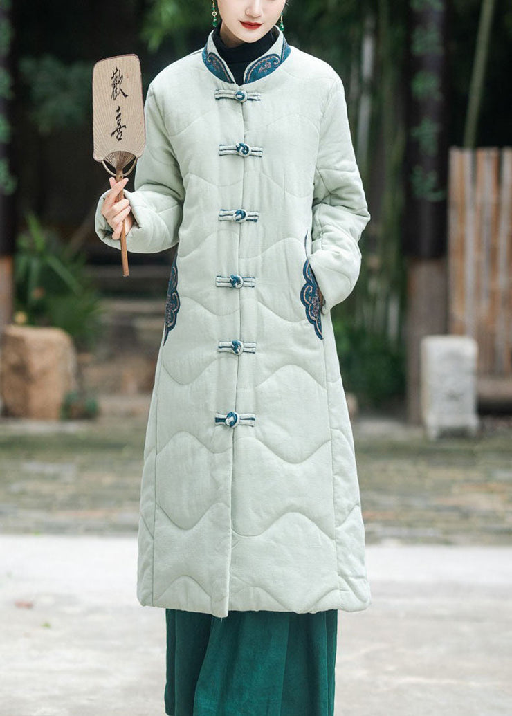 Elegant Khaki Stand Collar Embroideried Lengthen Fine Cotton Filled Witner Coat