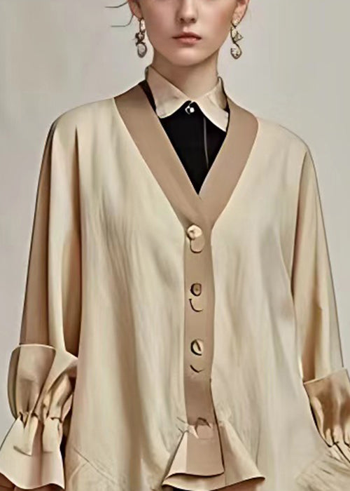 Elegant Khaki V Neck Button Cotton Coat Long Sleeve