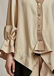 Elegant Khaki V Neck Button Cotton Coat Long Sleeve