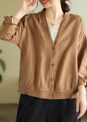 Elegant Khaki V Neck Button Linen Top Long Sleeve