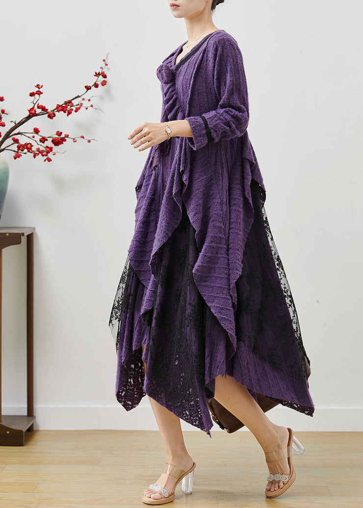 Elegant Lavender Asymmetrical Floral Cotton Long Dresses Fall