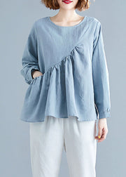 Elegant Light Blue O-Neck Patchwork Ruffles Cotton Shirts Spring