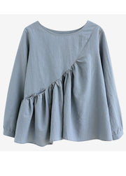 Elegant Light Blue O-Neck Patchwork Ruffles Cotton Shirts Spring