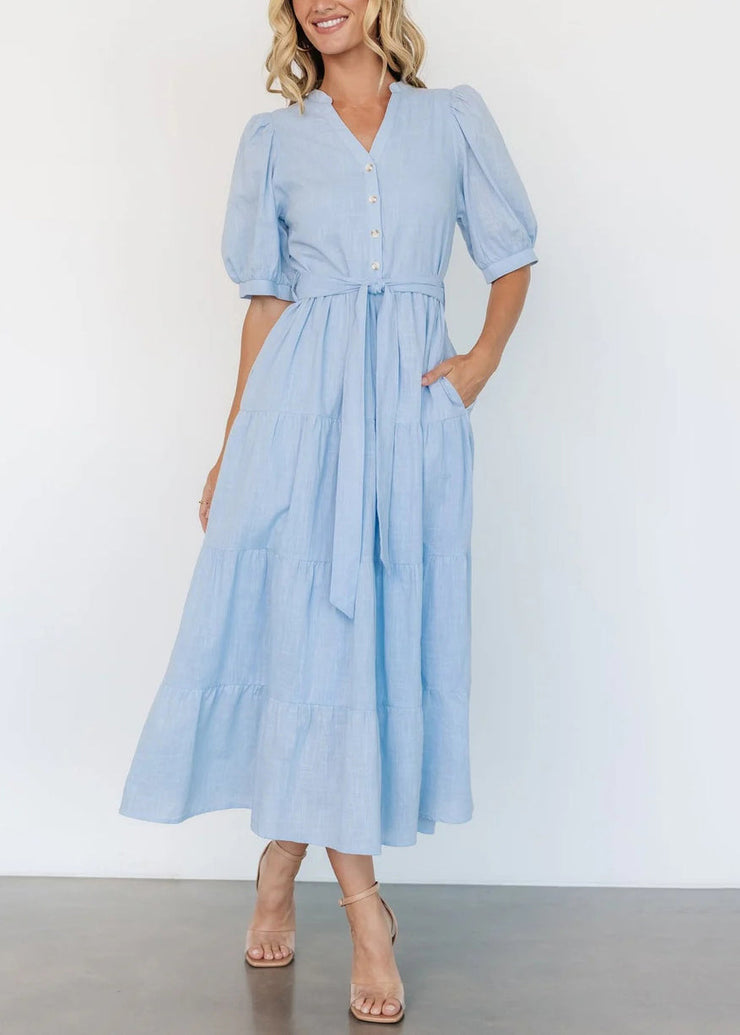 Elegant Light Blue V Neck Pockets Cotton Long Dress Summer