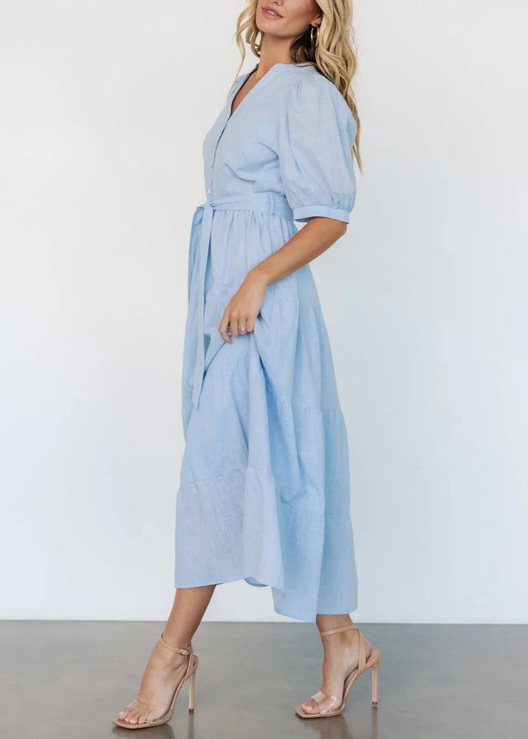 Elegant Light Blue V Neck Pockets Cotton Long Dress Summer