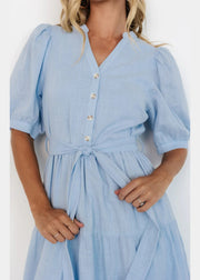 Elegant Light Blue V Neck Pockets Cotton Long Dress Summer