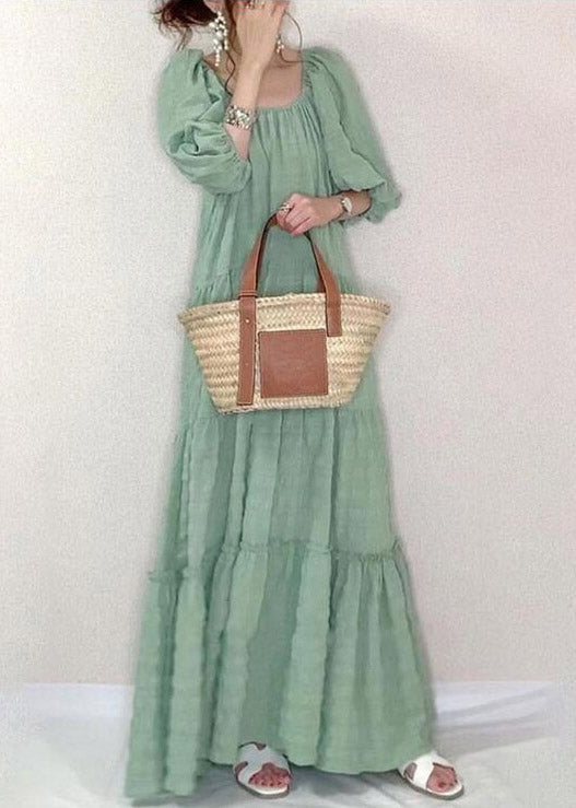 Elegant Light Green O-Neck Patchwork Wrinkled Maxi Dresses Puff Sleeve