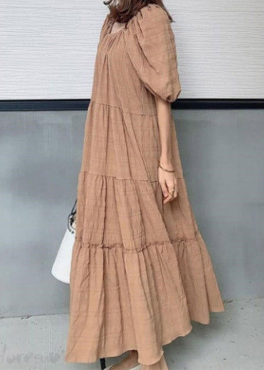 Elegant Light Green O-Neck Patchwork Wrinkled Maxi Dresses Puff Sleeve