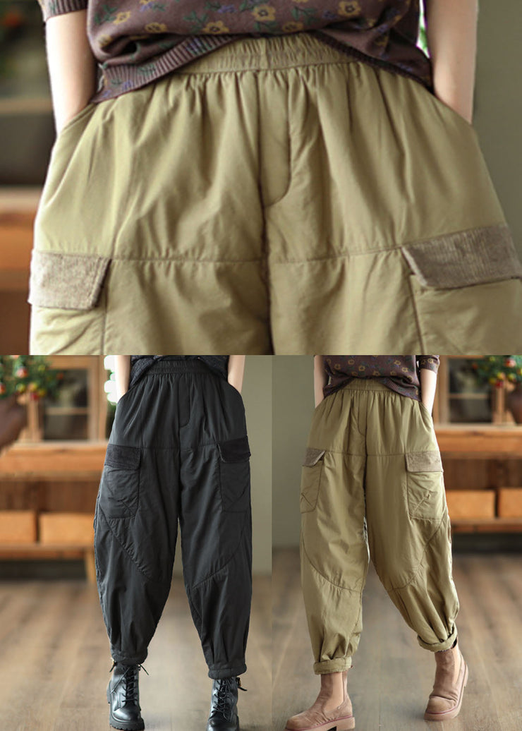 Elegant Light Green Pockets Patchwork Fleece Harem Pants