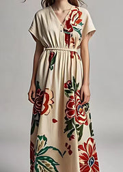 Elegant Light Khaki V Neck Print Cotton Long Dresses Summer