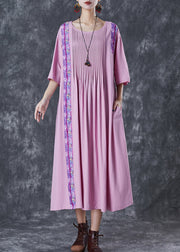 Elegant Light Purple Oversized Patchwork Wrinkled Linen Dress Half Sleeve