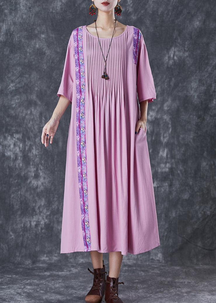 Elegant Light Purple Oversized Patchwork Wrinkled Linen Dress Half Sleeve