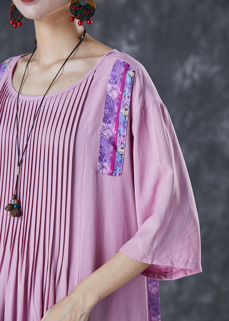 Elegant Light Purple Oversized Patchwork Wrinkled Linen Dress Half Sleeve