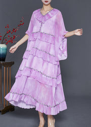 Elegant Light Purple Ruffled Tie Dye Chiffon Maxi Dresses Summer