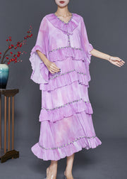 Elegant Light Purple Ruffled Tie Dye Chiffon Maxi Dresses Summer