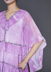 Elegant Light Purple Ruffled Tie Dye Chiffon Maxi Dresses Summer