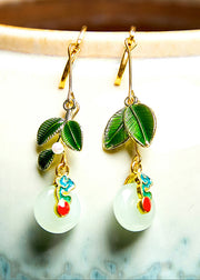 Elegant Metal Green Leaf Circular Jade Drop Earrings