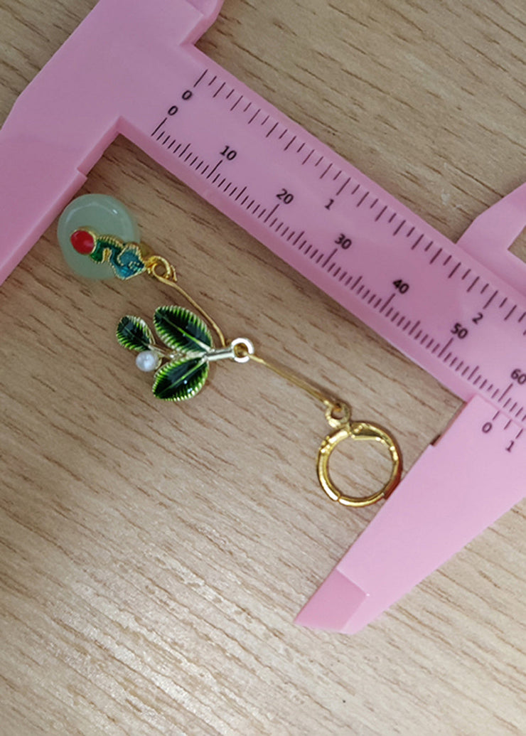 Elegant Metal Green Leaf Circular Jade Drop Earrings