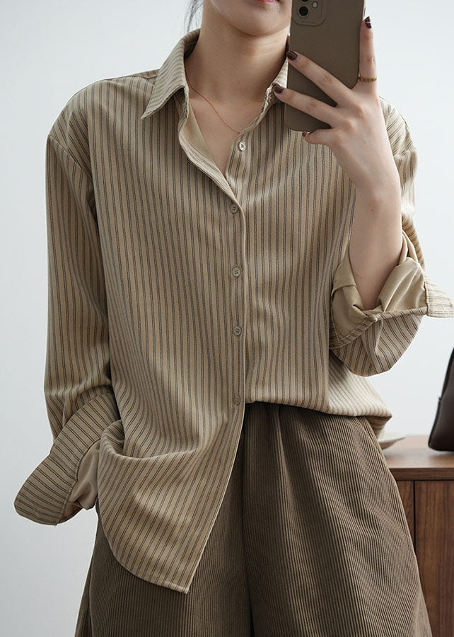 Elegant Mocha Peter Pan Collar Striped Low High Design Button Shirts Long Sleeve