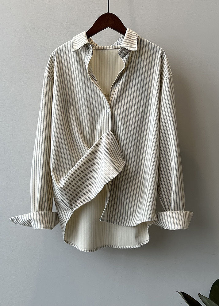 Elegant Mocha Peter Pan Collar Striped Low High Design Button Shirts Long Sleeve