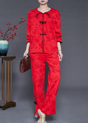 Elegant Mulberry Chinese Button Jacquard Cotton Two-Piece Set Fall