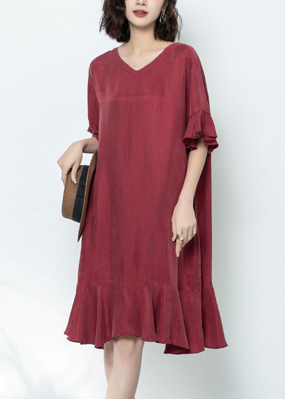 Elegant Mulberry V Neck Ruffled Patchwork Long Dress Summer